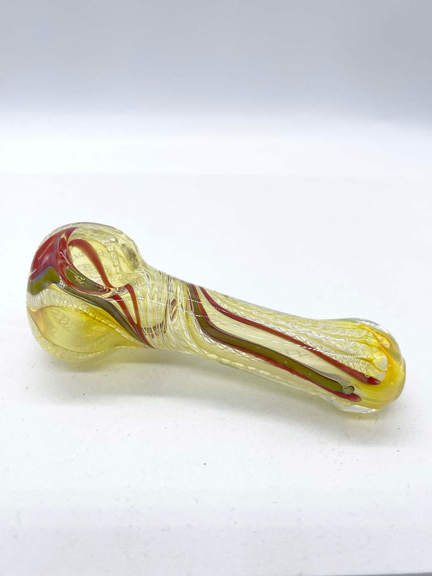 A photo of a yellowish spoon smoking pipe against a white background. Green and red stripes are visible running through the pipe, from bowl to mouthpiece.
