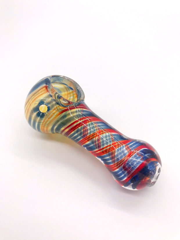 Smoke Station Hand Pipe Red-Blue-Swirl Clear Spoon with Multicolored Linework Hand Pipe