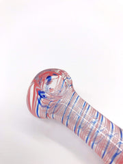 Smoke Station Hand Pipe Blue-Pink-Ribbon Clear Spoon with Red and Blue Wraparound line work Hand Pipe