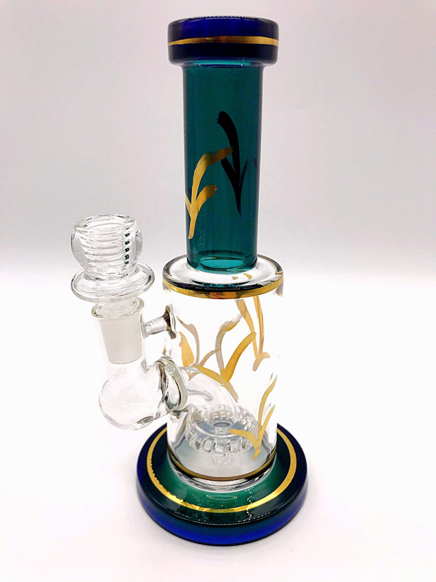 Smoke Station Water Pipe Emerald and Blue Full-Color Gold-Accent Thick Water Pipe with Perc
