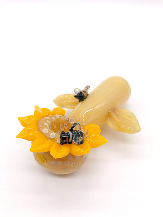 Smoke Station Hand Pipe Pastel Beige Hand-Blown American Sunflower Honeybee Spoon Hand Pipe