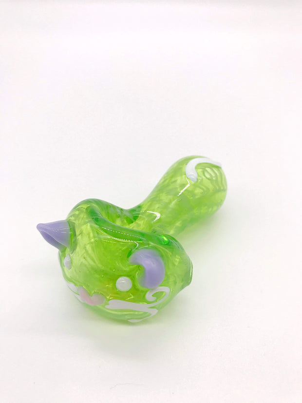 Smoke Station Hand Pipe Clear-Green Lindsey Hoyes Hand-Blown American Animal Face KItty Spoon Hand Pipe