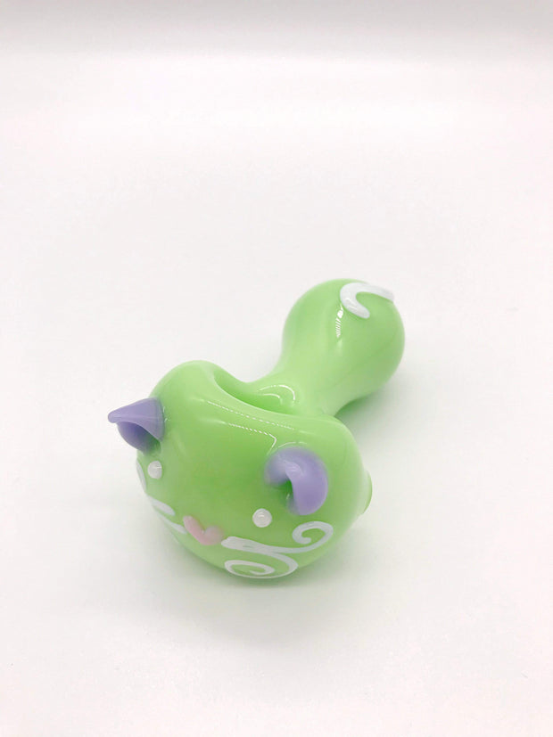 Smoke Station Hand Pipe Green Lindsey Hoyes Hand-Blown American Animal Face KItty Spoon Hand Pipe