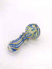 Smoke Station Hand Pipe Thick Clear Spoon with Blue and Yellow Lines and Ribbed Neck Hand Pipe