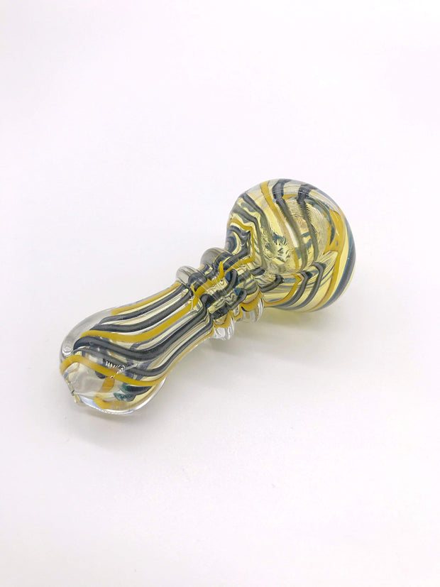 Smoke Station Hand Pipe Thick Clear Spoon with Blue and Yellow Lines and Ribbed Neck Hand Pipe