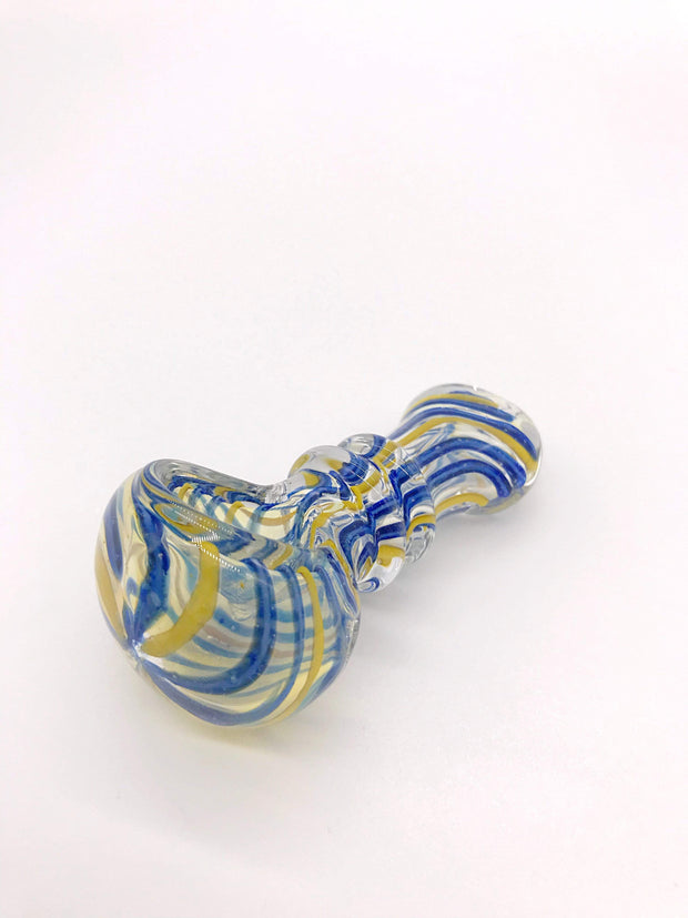 Smoke Station Hand Pipe Blue Thick Clear Spoon with Blue and Yellow Lines and Ribbed Neck Hand Pipe