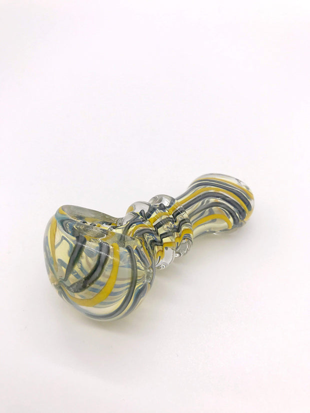 Smoke Station Hand Pipe Gray Thick Clear Spoon with Blue and Yellow Lines and Ribbed Neck Hand Pipe