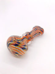 Smoke Station Hand Pipe Red Thick Clear Spoon with Blue and Yellow Lines and Ribbed Neck Hand Pipe