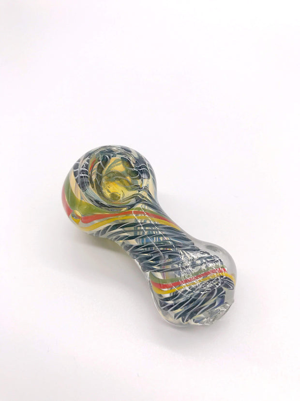 Smoke Station Hand Pipe Black-Swirl Thick Clear Spoon with Multicolored Ribbons and Flat Mouthpiece Hand Pipe