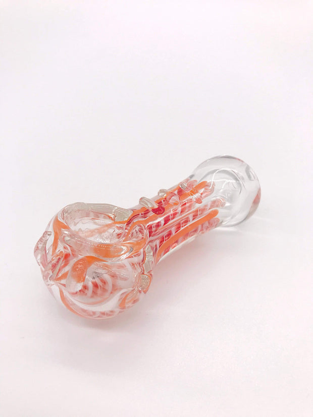 Smoke Station Hand Pipe Pink Thick Clear Spoon with Ridges and Red Ribbon Hand Pipe