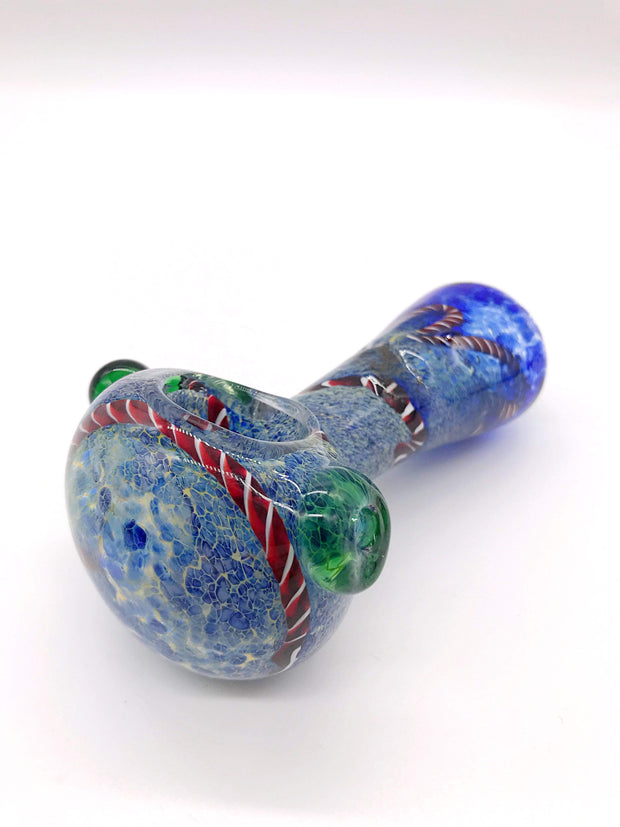 Smoke Station Hand Pipe Thick Heady Spoon with Blue Marble Glass and Red-and-White Ribbon Hand Pipe