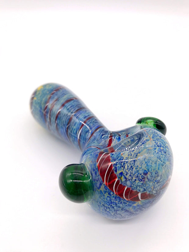 Smoke Station Hand Pipe Thick Heady Spoon with Blue Marble Glass and Red-and-White Ribbon Hand Pipe