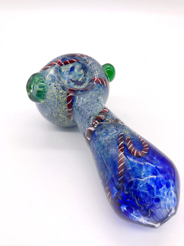 Smoke Station Hand Pipe Blue Thick Heady Spoon with Blue Marble Glass and Red-and-White Ribbon Hand Pipe