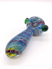 Smoke Station Hand Pipe Yellow Thick Heady Spoon with Blue Marble Glass and Red-and-White Ribbon Hand Pipe