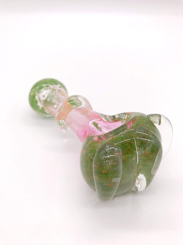 Smoke Station Hand Pipe Green-Pink Thick Spoon with Clear Glass Accents Hand Pipe