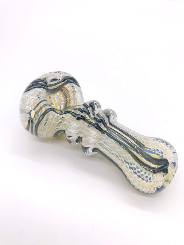 Smoke Station Hand Pipe Black & White Thick Spoon with Frit Ribbon and Line Work Hand Pipe