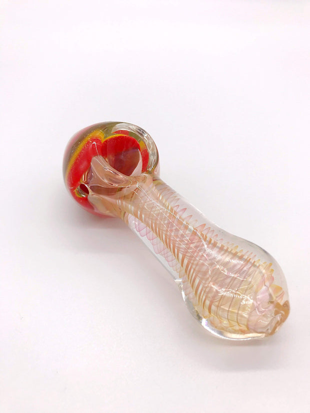Smoke Station Hand Pipe Pink Thick Spoon with White, Red, Yellow, and Green Linework Hand Pipe