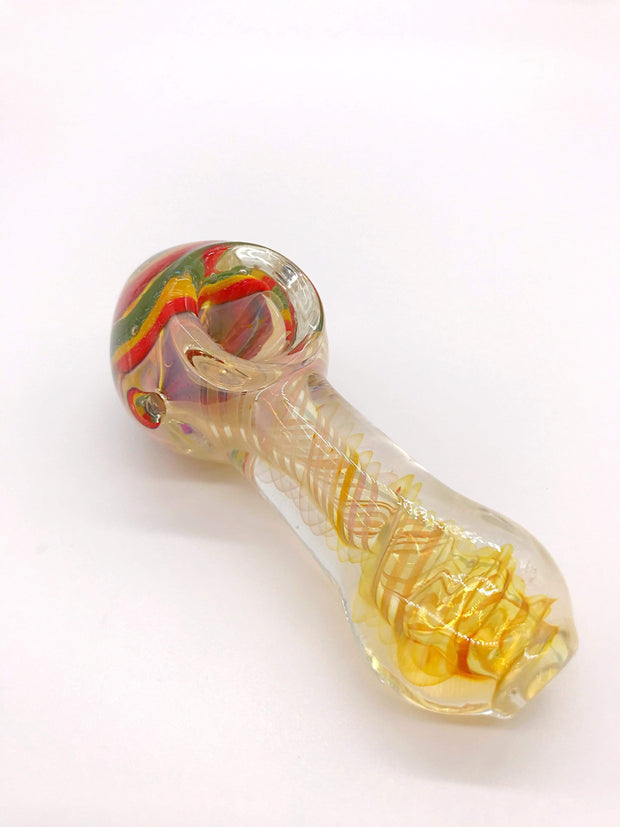 Smoke Station Hand Pipe Yellow Thick Spoon with White, Red, Yellow, and Green Linework Hand Pipe