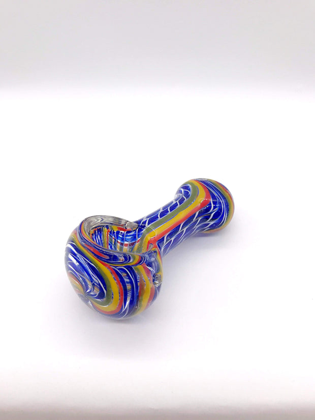 Smoke Station Hand Pipe 3.5in / Dark-Blue Thick White Spoon with Multicolored Linework Hand Pipe