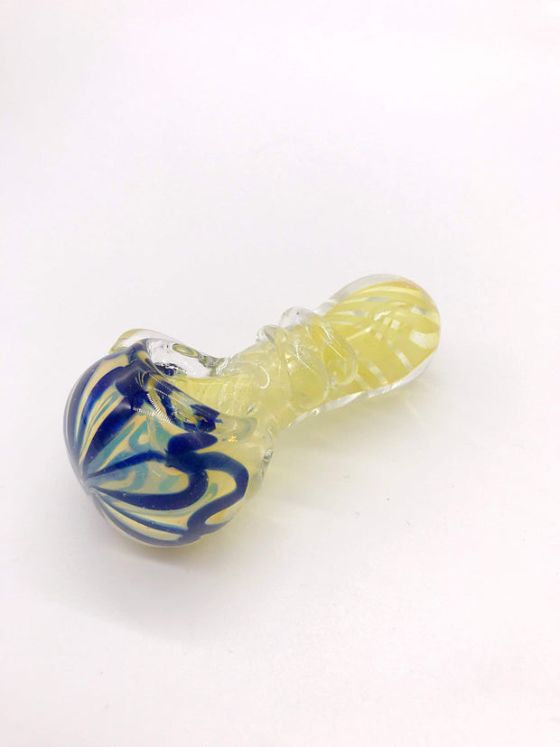 Smoke Station Hand Pipe Blue Yellow Linework Spoon with Fumed Bowl Grip Hand Pipe